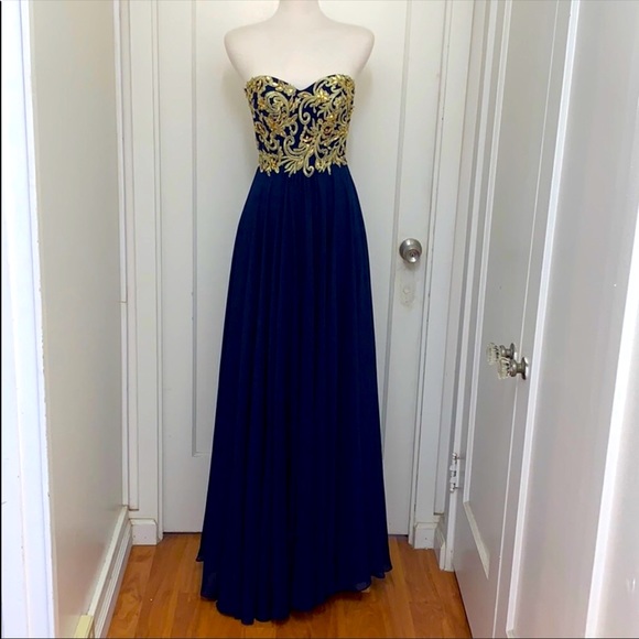 princess polly baby blue dress Navy Blue Skirt Gold Lace Beaded homecoming prom dresses, CM0027 –  AlineBridal main image 0